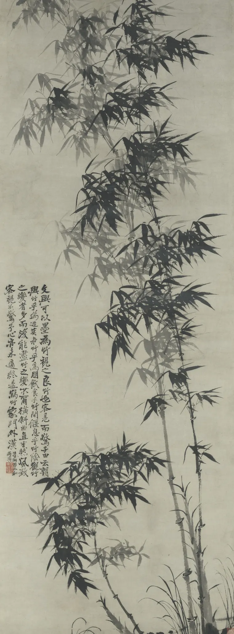 水墨墨竹:疏枝瘦叶,浓淡相间,左侧一段题跋